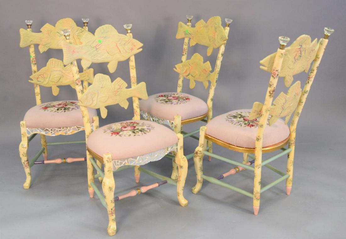 Group of four Mackenzie Childs chairs, 1983, carved: Group of four Mackenzie Childs chairs, 1983, carved fish and floral needlepoint seats with mirror front rails, several pieces of mirror missing from one chair, ht. 42".