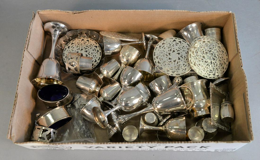 Sterling silver lot of shot cups, stems along with two: Sterling silver lot of shot cups, stems along with two salts plus five overlay coasters, 38.5 t.oz.