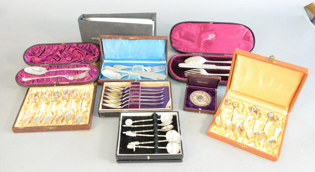Silver lot to include three piece Audubon pattern set,: Silver lot to include three piece Audubon pattern set, six coin spoons, two sets German silver spoons, etc. all in fitted boxes and Society of Amateur photographers of N.Y. medal to R.A. Wadsworth, in