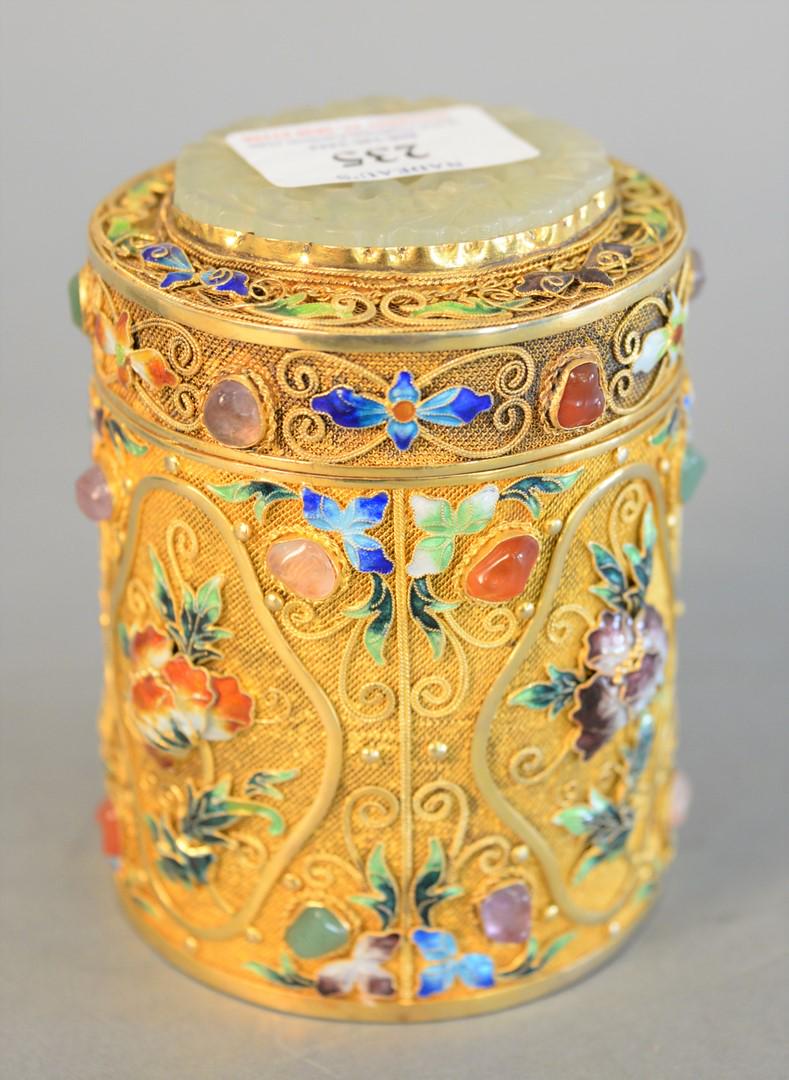 Chinese silver filigree covered box, mounted stones and: Chinese silver filigree covered box, mounted stones and enamel, top is mounted with pierced harstone, ht. 4 1/4", dia. 3 1/4", 12.7 t.oz.