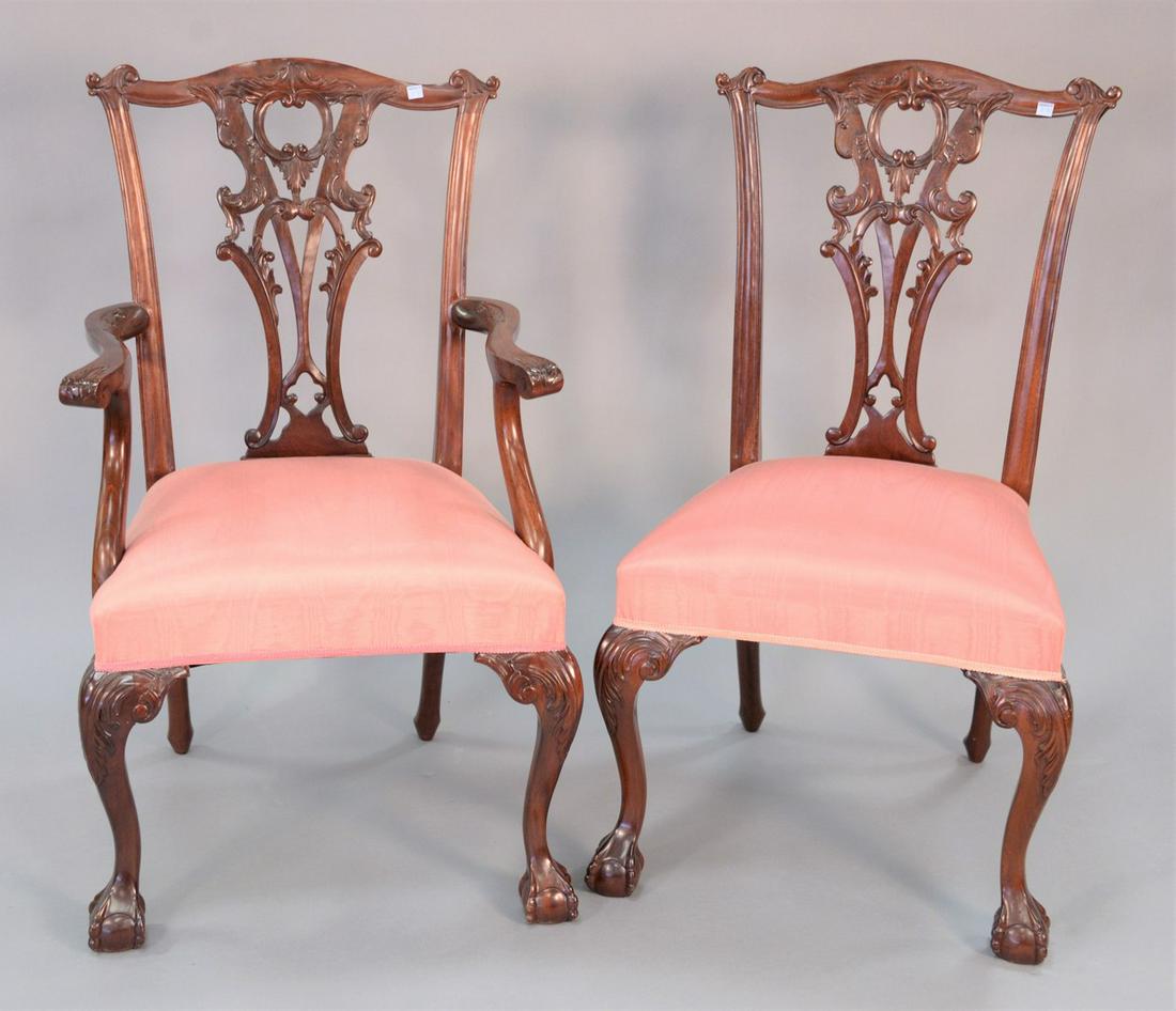 Set of ten mahogany chippendale style chairs, very: Set of ten mahogany chippendale style chairs, very clean upholstery, 39-1/2" x 19" x 21.