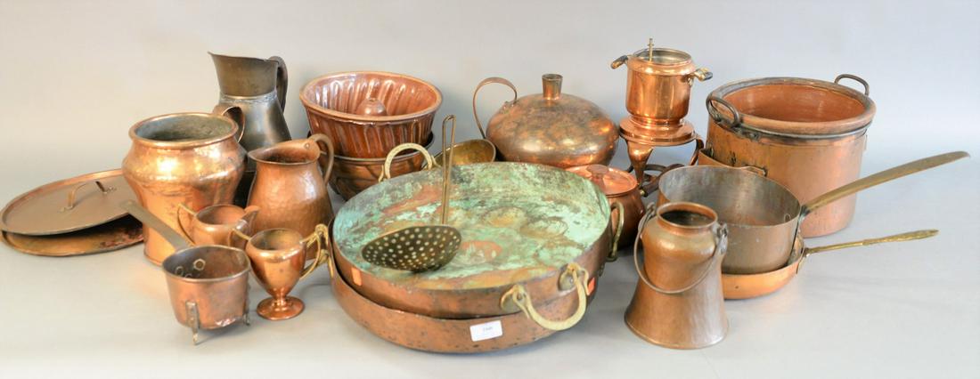 Group of various copper and stoneware pots and pans.: Group of various copper and stoneware pots and pans. Provenance: From the Marjorie & Howard Drubner Collection, Middlebury, Connecticut.
