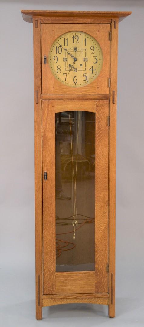 L & JG Stickley Handcraft mission oak tall case clock,: L & JG Stickley Handcraft mission oak tall case clock, brass dial, ht. 80 1/2", wd. 21 1/2", dp. 13".