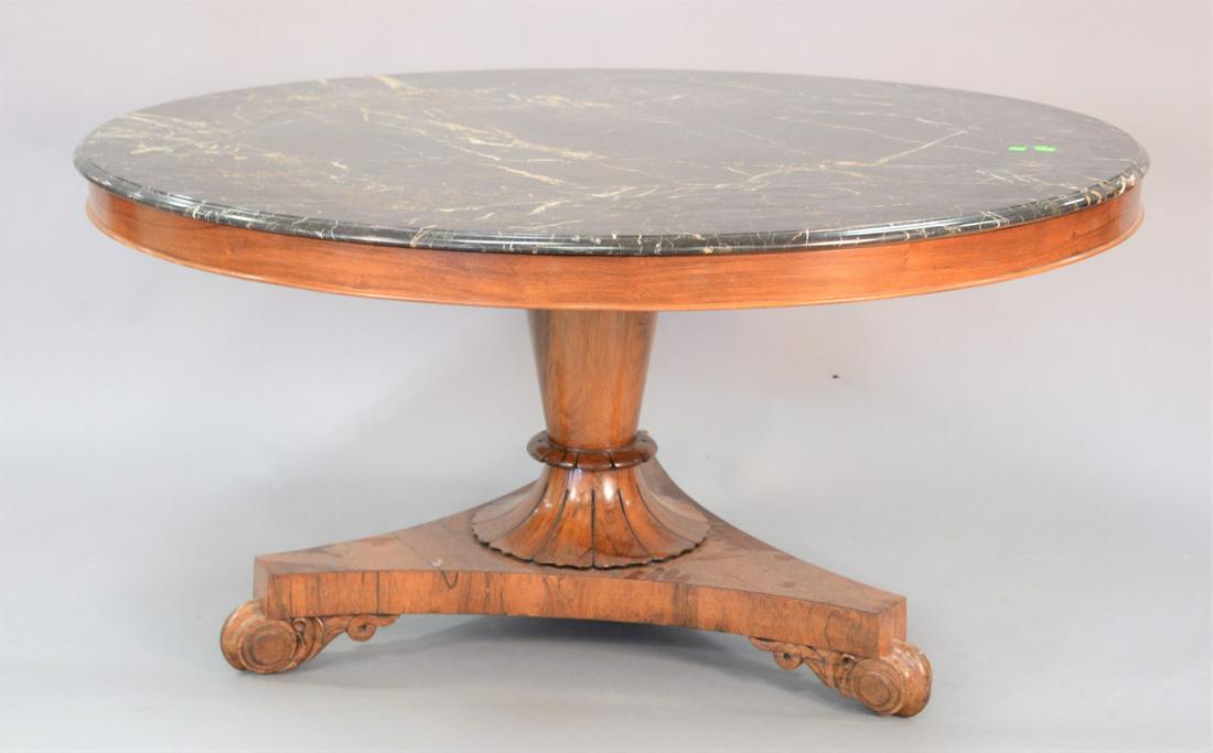 Large round pedestal table, rosewood veneered pedestal: Large round pedestal table, rosewood veneered pedestal base with black granite top, ht. 29 1/2", dia. 57 1/2".