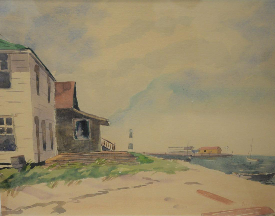 John Cuthbert Hare (American, 1908-1978), beach with: John Cuthbert Hare (American, 1908-1978), beach with lighthouse, watercolor on paper, signed lower right, 13" x 16".