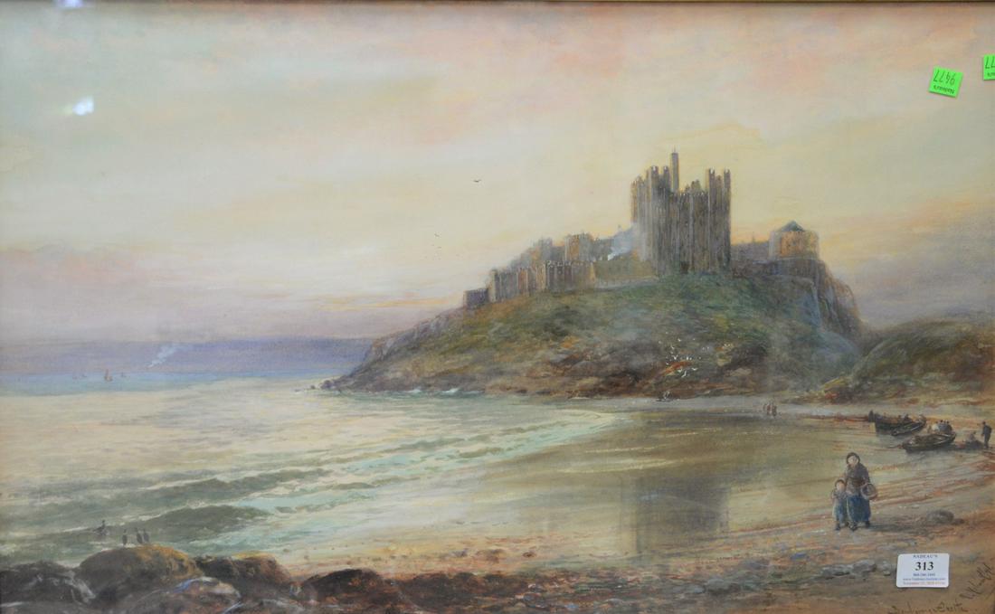 Continental School (20th Century), Bamburgh Castle,: Continental School (20th Century), Bamburgh Castle, watercolor on paper, 17-1/2" x 28-1/2" (sight), signed illegibly lower right.