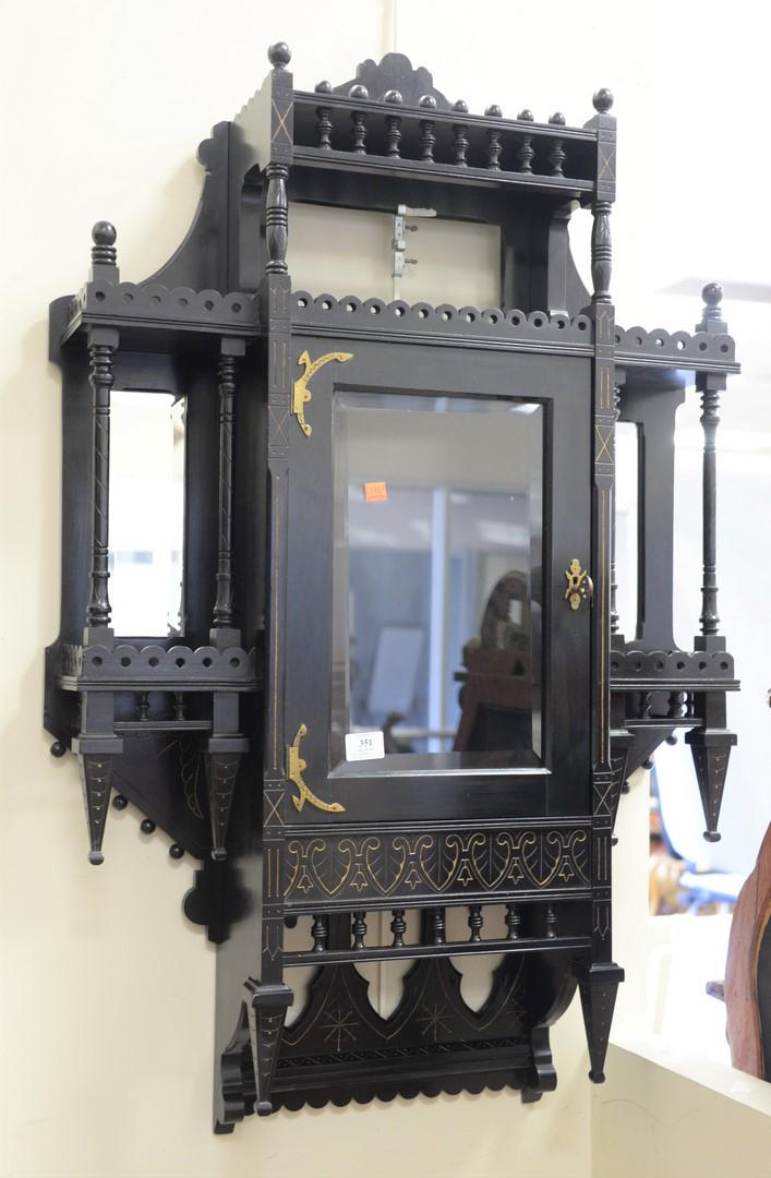 Ebonized Victorian wall curio cabinet, ht. 40", wd.: Ebonized Victorian wall curio cabinet, ht. 40", wd. 29", dp. 7".