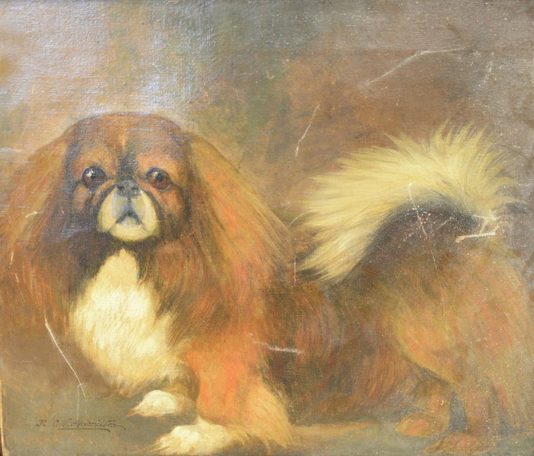 R.A.V. Hamilton (19th Century), "A Pekinese", oil on: R.A.V. Hamilton (19th Century), "A Pekinese", oil on canvas, signed lower left, 20" x 24". Provenance: Rogers Co. (label on reverse). Mark Lawson Antiques (label on reverse).