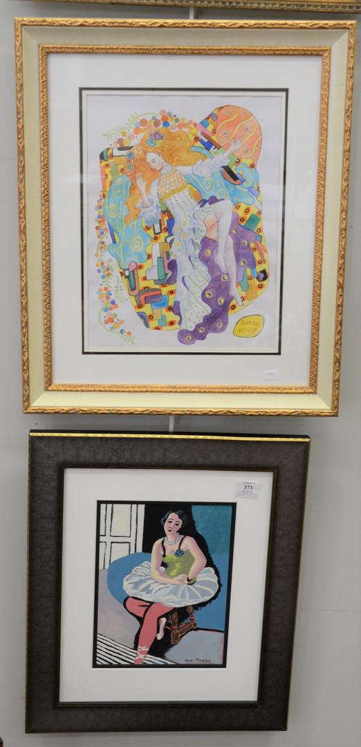 Six piece group to include two framed pieces, one: Six piece group to include two framed pieces, one after Henri Matisse, watercolor, ballerina, sight size 11" x 8"; a Gustav Klimt, watercolor on paper, sight size 15" x 11", along with a contemporary 