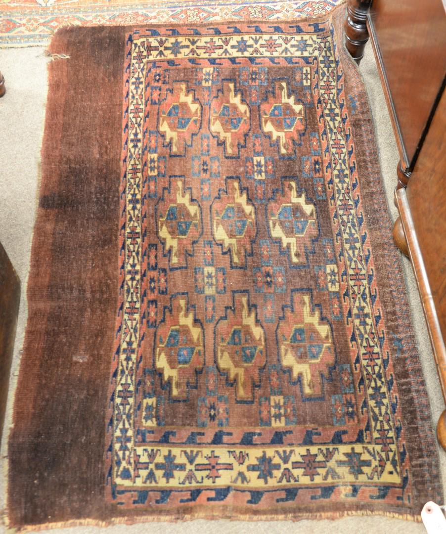 Bokara Oriental bagface, 2' 4" x 3' 8".: Bokara Oriental bagface, 2' 4" x 3' 8".