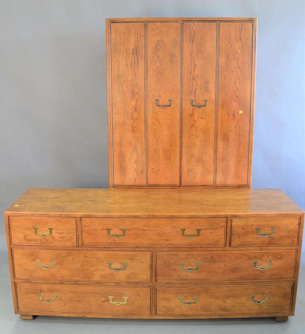 Two Artefacts Henredon campaign style chest, long chest: Two Artefacts Henredon campaign style chest, long chest along with a two door armoire, ht. 27 1/2", wd. 70".