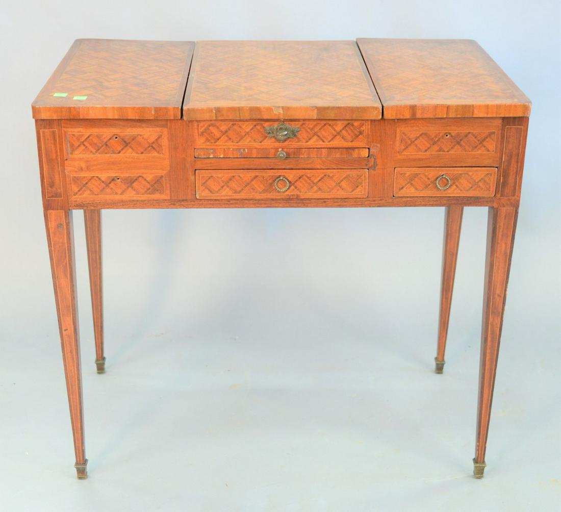 Custom mahogany inlaid pedruse, parquetry inlaid lift: Custom mahogany inlaid pedruse, parquetry inlaid lift top opening to mirror center, 28 1/2" x 18 1/2" x 31 1/4".