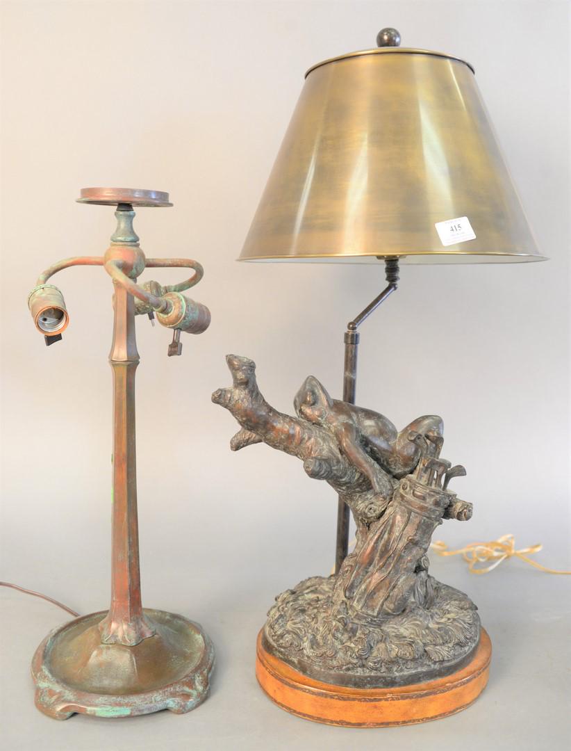 Two bronze table lamps, one unmarked, one marked: Two bronze table lamps, one unmarked, one marked Maitland-Smith to the underside with reclining frog on wooden base, 30" x 12" (frog), ht. 21".