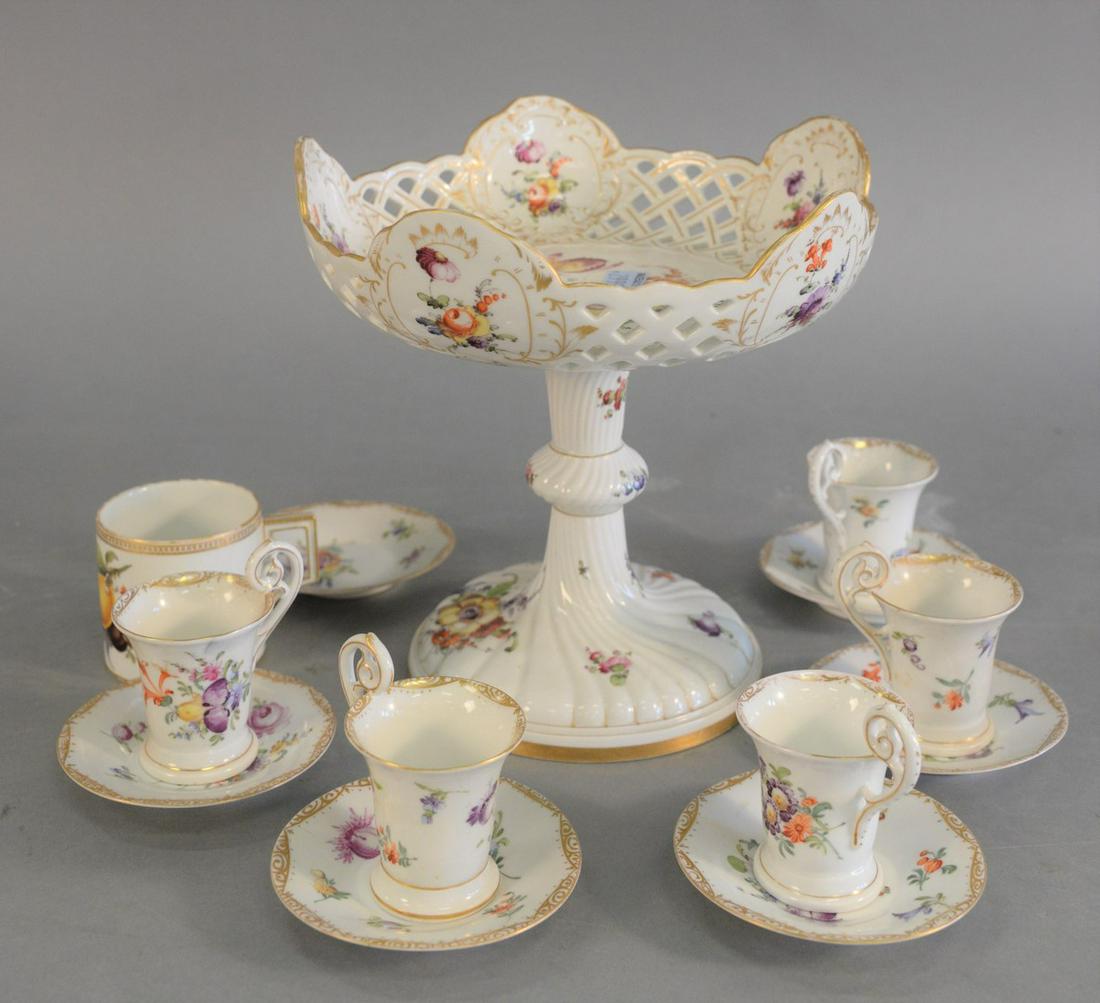 Meissen and Dresden lot to include Meissen cups, five: Meissen and Dresden lot to include Meissen cups, five Dresden cups, six saucers and reticulated compote, 8-1/2" high (compote).