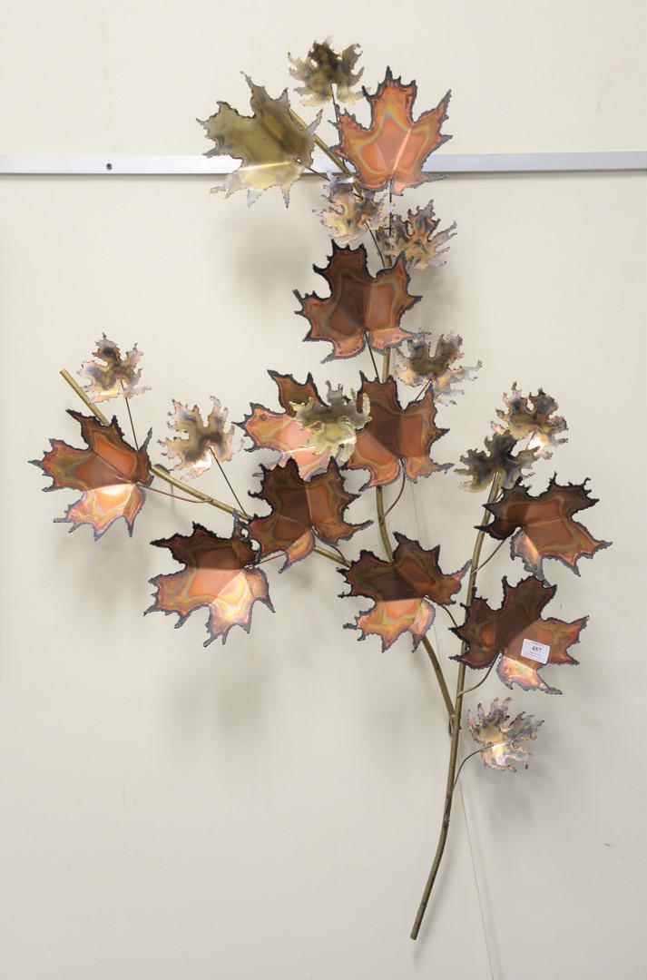 Curtis Jere (American, 1910-2008) wall sculpture: Curtis Jere (American, 1910-2008) wall sculpture, leaves on a branch, 1991, copper and brass, signed and dated on leaf, 50" wide. Provenance: From the Marjorie & Howard Drubner Collection, Middlebury,