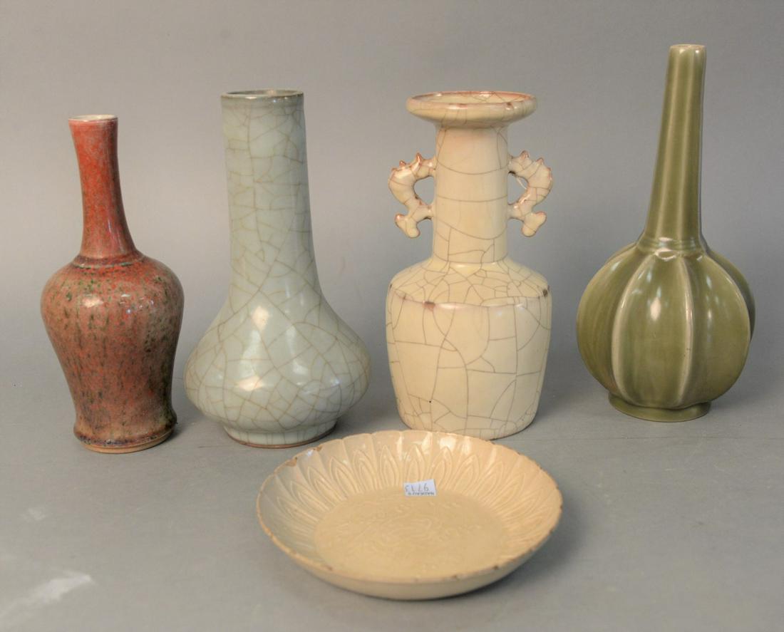Group of five Chinese porcelain glazed pieces, white: Group of five Chinese porcelain glazed pieces, white crackle glazed; Ge-ware crackle glazed vase; green glazed vase with ribbed body; a bloom vase along with a Ding ware plate having scallop edge, ht.