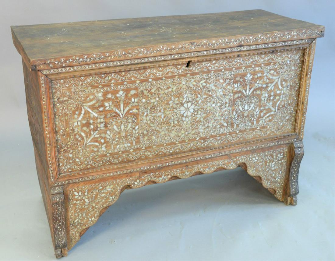 Syrian mother of pearl inlaid lift-top chest, ht. 35",: Syrian mother of pearl inlaid lift-top chest, ht. 35", top 19 1/2" x 50".