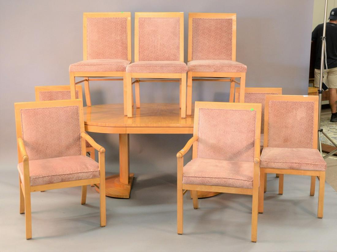 Ten piece Baker blonde dining set with eight chairs,: Ten piece Baker blonde dining set with eight chairs, round table and sideboard with 29" large leaf, ht. 29", dia. 46", open: 46" x 100".