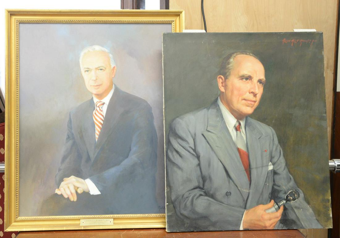 Lot of two portraits to include Helen Holt Hawley: Lot of two portraits to include Helen Holt Hawley (American, 19th/20th C.), unidentified doctor, oil on canvas, signed upper right 'Helen Holt Hawley', ht. 30", wd. 25" along with American artist (20t