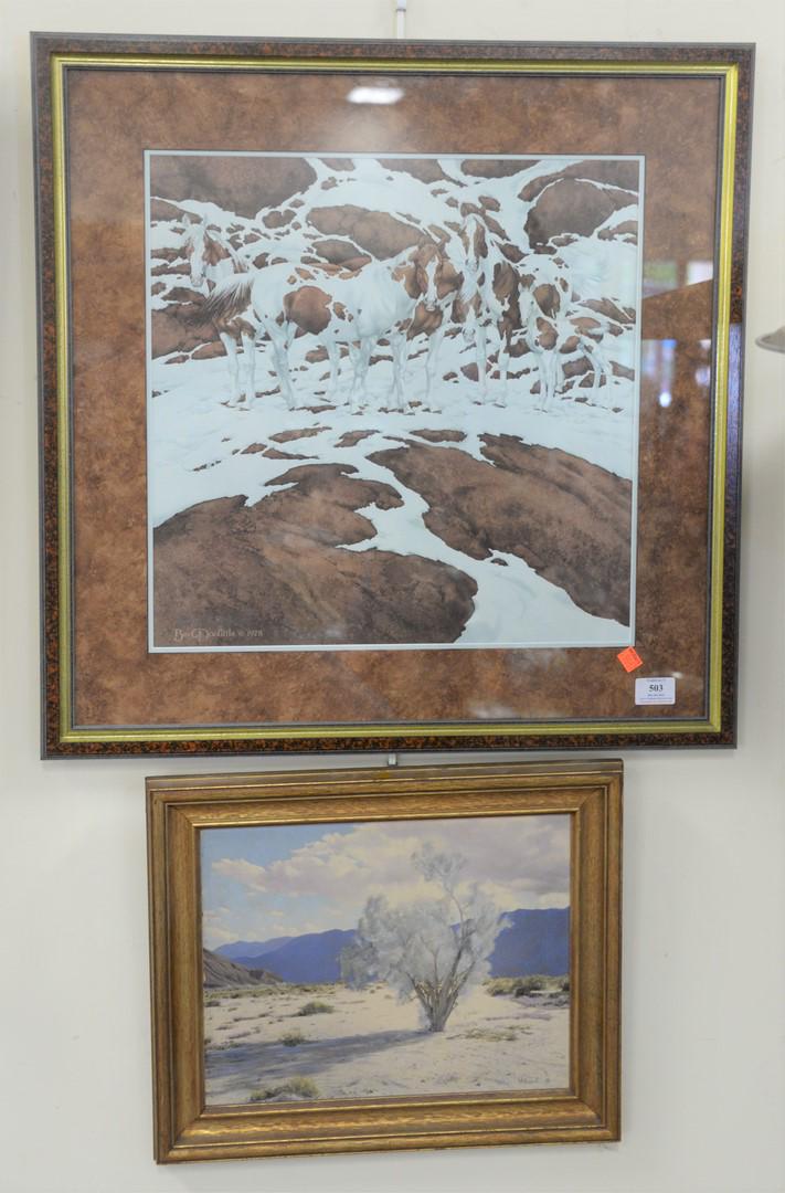 Two Framed Landscapes, Bev Doolittle, "Pintos", 1979,: Two Framed Landscapes, Bev Doolittle, "Pintos", 1979, lithograph in colors on paper, pencil signed and numbered 986/1000 lower left; along with "Desert Landscape", oil on board, signed lower right 'Wi