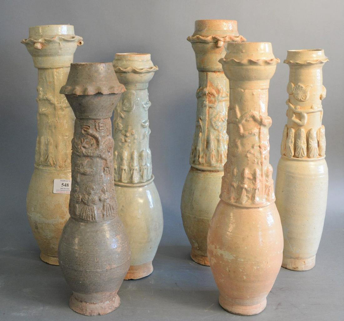 Six Chinese earthenware funerary vases, two with light: Six Chinese earthenware funerary vases, two with light blue glaze, 15 1/2" x 18".