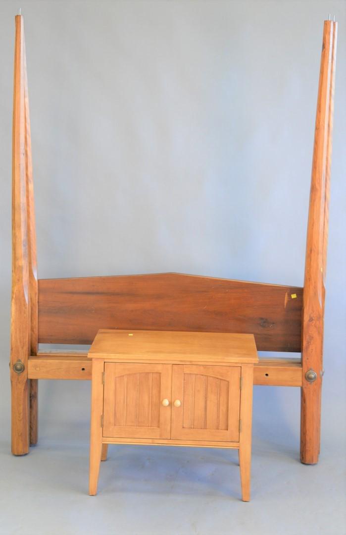 Five piece lot to include pencil post double size rope: Five piece lot to include pencil post double size rope bed, head, foot and rails along with low post rope bed with old red stain and original rails, and three stools.