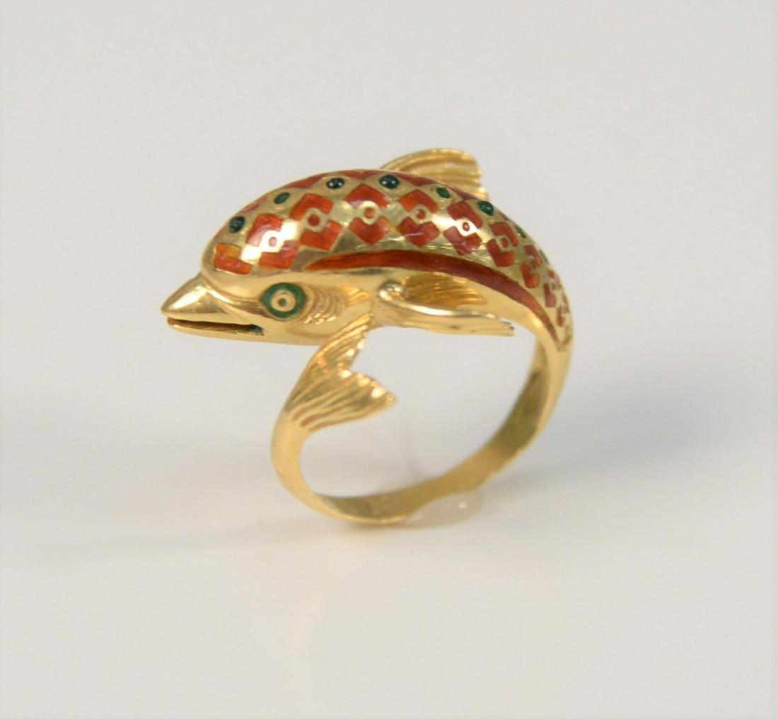 18K gold dolphin ring with enameling, small chips, size (1 of 3)