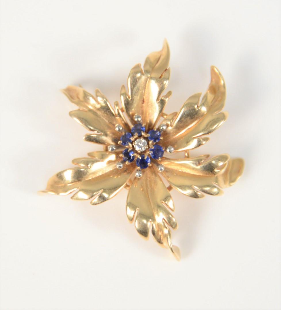 14k gold floral pin with blue stones and diamond, 10 (1 of 2)
