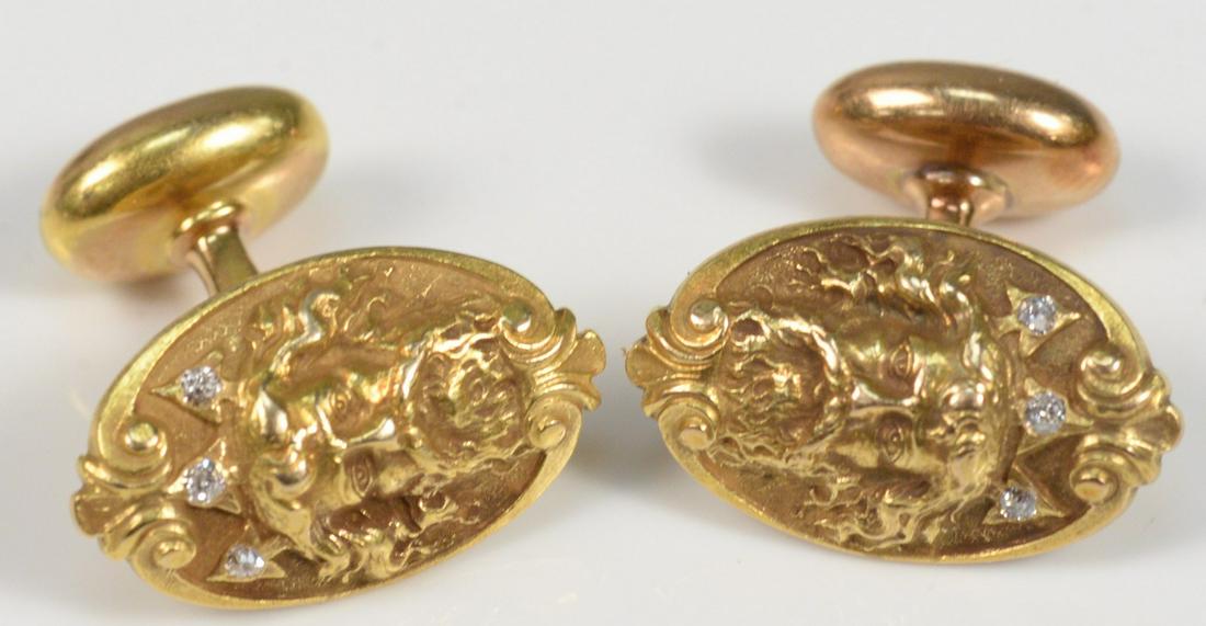Pair of 14 Karat Gold Cufflinks with face of man having: Pair of 14 Karat Gold Cufflinkswith face of man having beard set with three diamonds eachlength 18.9 millimeters6.9 grams