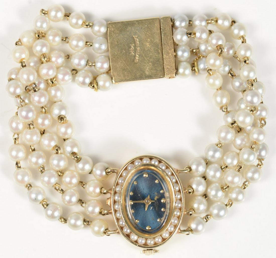 Lucien Piccard 14 Karat Gold Ladies Wristwatch with: Lucien Piccard 14 Karat Gold Ladies Wristwatchwith four strand pearl, and 14 karat gold bracelet band23.2 millimeterstotal weight 25.7 grams