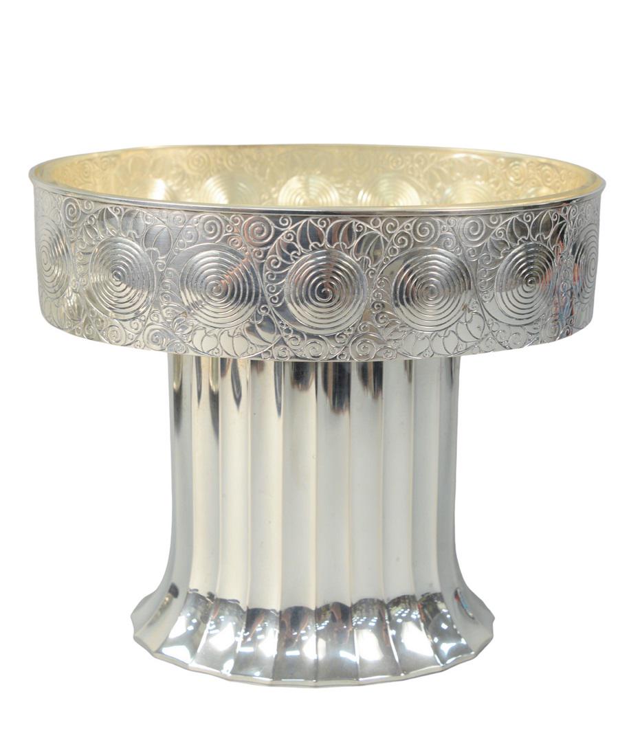 Hans Bolek (1890 - 1978) Silver Pedestal Fruit Bowl: Hans Bolek (1890 - 1978) Silver Pedestal Fruit Bowlmade by Eduard Friedmann, Viennahaving silver and gilt interior, original cut glass liner, oval shape fluted flaring side, top section having engrave
