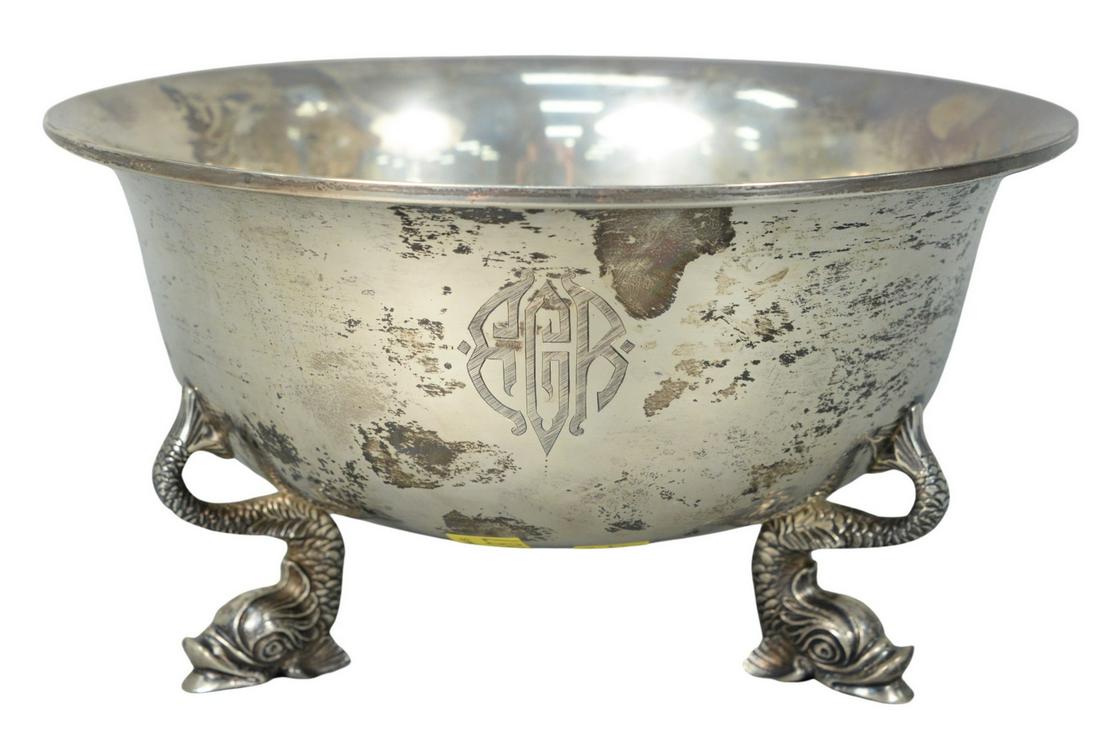 Sterling Silver Revere Style Bowl on dolphin feet: Sterling Silver Revere Style Bowlon dolphin feetmonogrammed on sidemarked Sterling 286, hallmark of a treeheight 5 1/4 inches, diameter 9 1/2 inches23 troy ounces