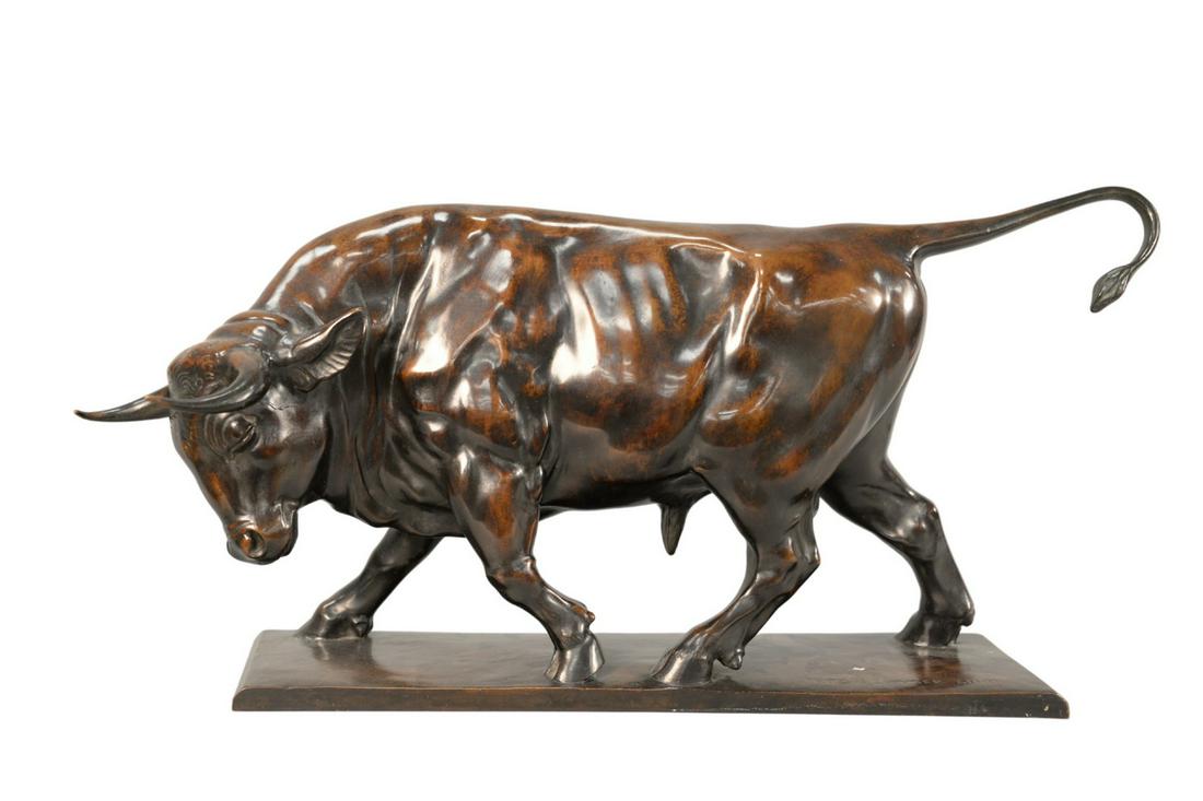 Fritz Zimmer (b. 1930) bronze bull signed on base: Fritz Zimmer (b. 1930) bronze bullsigned on base Fritz P. Zimmerheight 13 1/2 inches, length 21 inches