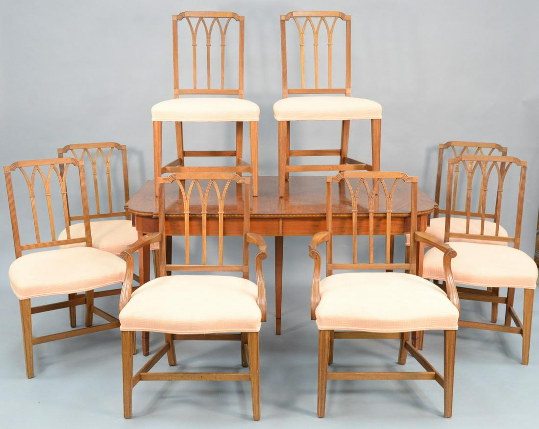 Nine Piece Fineberg Custom Federal Style Mahogany: Nine Piece Fineberg Custom Federal Style Mahogany Dining Set to include table, having D-shaped ends, with line inlays, plus three skirted leavesalong with eight mahogany dining chairs, two arm and six