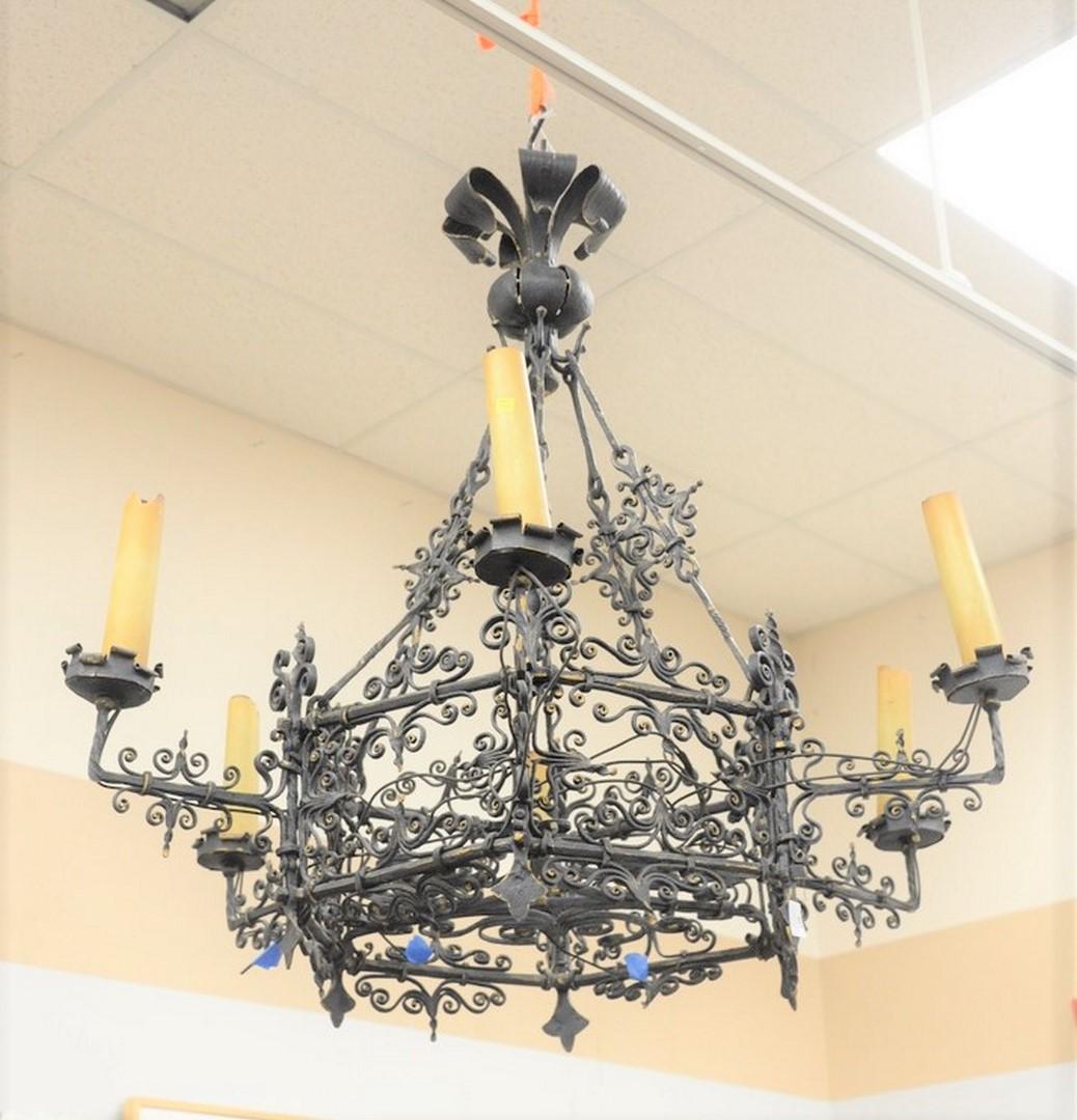 Large Gothic Six Light Wrought Iron Chandelier: Large Gothic Six Light Wrought Iron ChandelierProvenance: Former home of Mel Gibson, Old Mill Rd, Greenwich, Connecticut