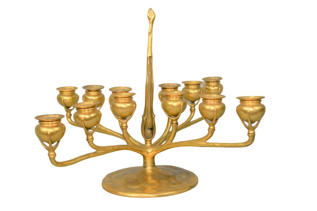 Tiffany Studios Twelve Light Candelabrum gilt bronze: Tiffany Studios Twelve Light Candelabrumgilt bronzecirca 1910marked Tiffany Studios, New York11647 1295missing snufferheight 15 1/2 inches, width 22 inches