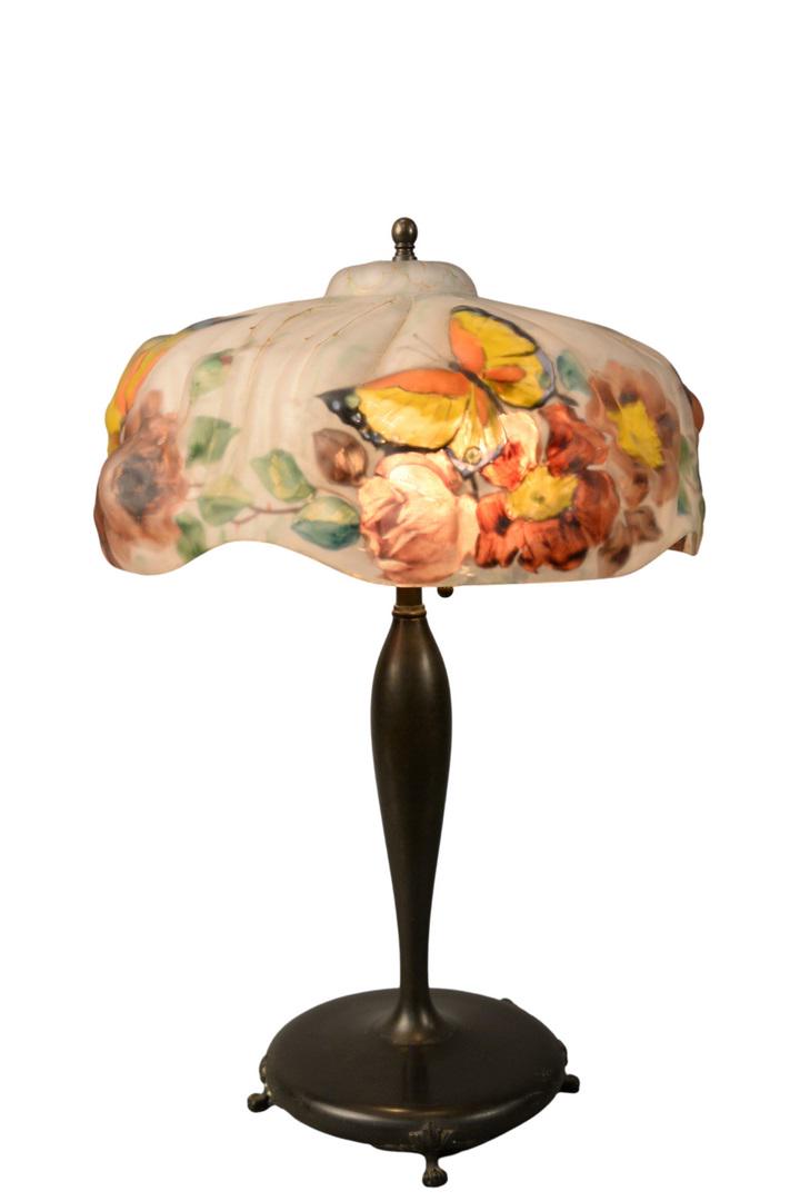 Puffy Pairpoint Table Lamp rose and butterfly shade: Puffy Pairpoint Table Lamprose and butterfly shadesigned Pairpoint Corporation, on Pairpoint signed base with two socketsheight 21 inches, shade diameter 13 1/2 inches