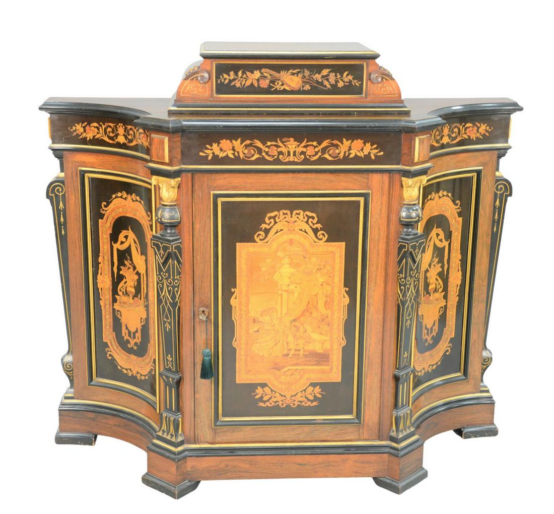 Aesthetic Rosewood Side Cabinet having inlay and inlaid: Aesthetic Rosewood Side Cabinethaving inlay and inlaid panels, central door inlaid depicting romantic scene, opening to birdseye maple panelled doorheight 51 inches, width 57 inches, depth 20 inchesPr