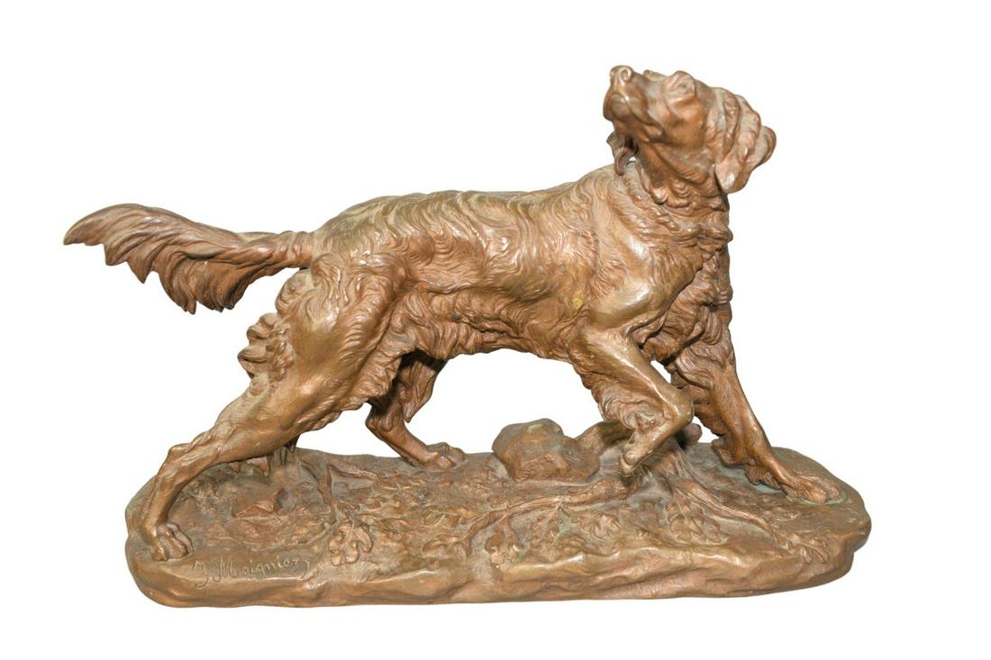 Jules Moigniez (French, 1835 - 1894) Tiffany & Company: Jules Moigniez (French, 1835 - 1894)Tiffany & Company"Finding the Scent, Setter"bronze with brown patinainscribed on the base J. Moigniez foundry mark on back Medailles, M.D., Parismarked Tiffany & Co