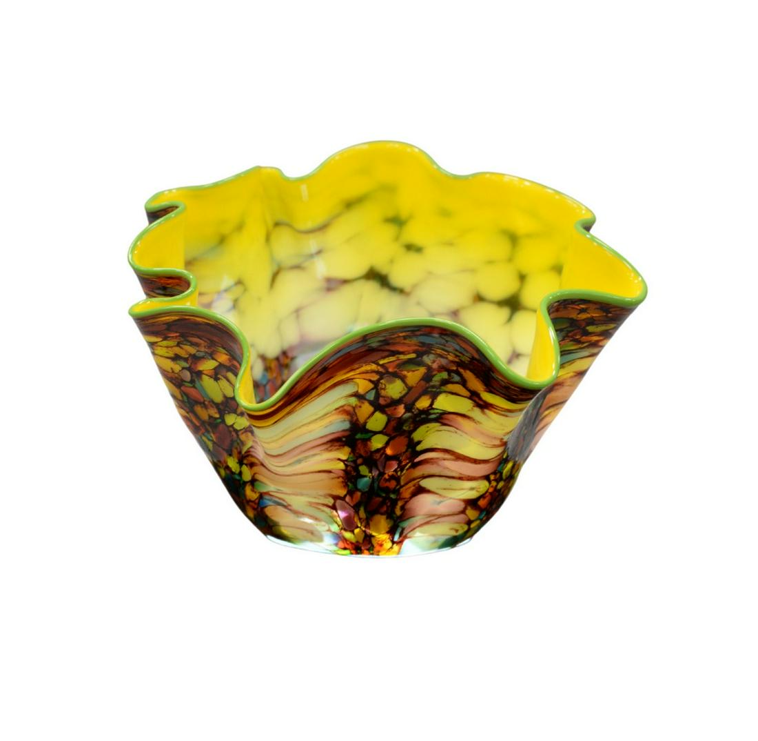 Dale Chihuly (b. 1941) carnival "Macchia" art glass: Dale Chihuly (b. 1941)carnival "Macchia" art glass bowlhaving yellow interior, green rim, and multi colored glass exteriorsigned and numbered PP04 on bottom, in fitted, hanging wall case with light-up