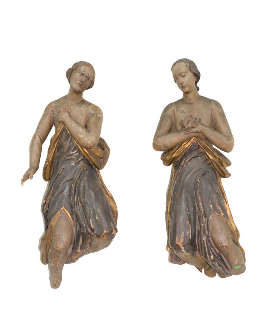 A Pair of Large Italian Religious Figures polychrome,: A Pair of Large Italian Religious Figurespolychrome, carved wood gesso, figures having gilt painted trim of robe 18th century or earlierheight 36 inchesProvenance: Former home of Mel Gibson, Old Mill 