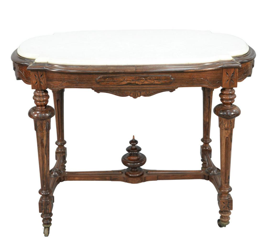 Rosewood Aesthetic Center Table with white marble top: Rosewood Aesthetic Center Table with white marble top on turned and fluted legs with stretchersheight 31 1/2 inches, top 27" x 43"Provenance: Thirty-five year collection of Dana Cooley, Old Lyme, Conn