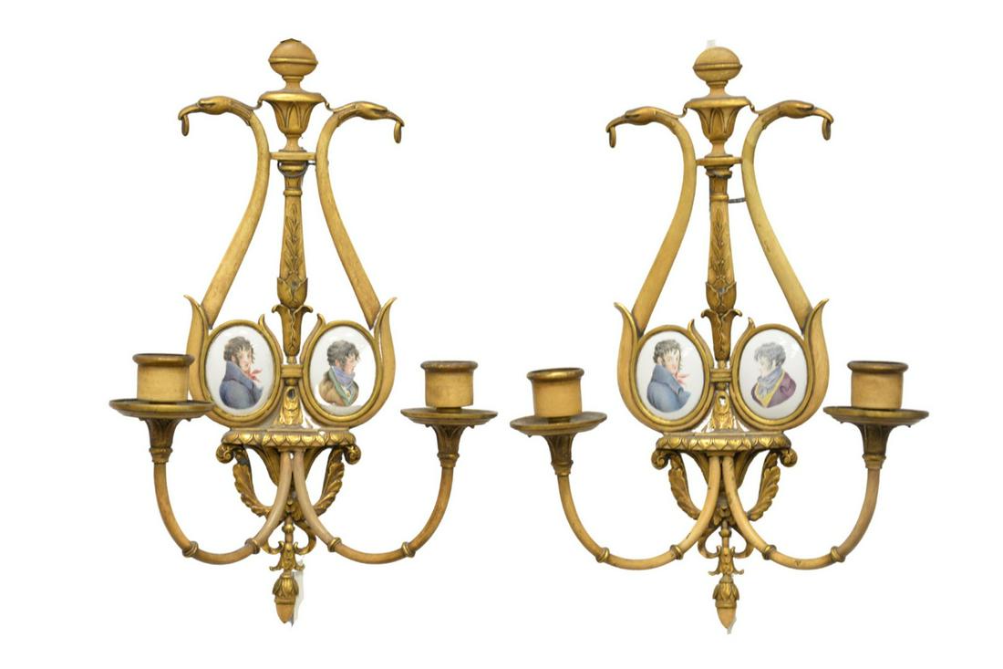Pair Brass and Paint Decorated Candle Sconces each with: Pair Brass and Paint Decorated Candle Sconceseach with oval enameled portraits and goose head topsheight 15 3/4 inches