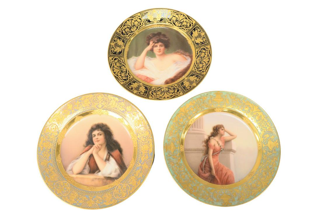 Three Royal Vienna Porcelain Cabinet Plates each having: Three Royal Vienna Porcelain Cabinet Plateseach having portrait paintings by Wagner, Nach dem Ball, Colucita, and Schnsuchtall bearing Ackermann and Fritze Blue Beehive mark on bottomdiameter 9 1/2 in