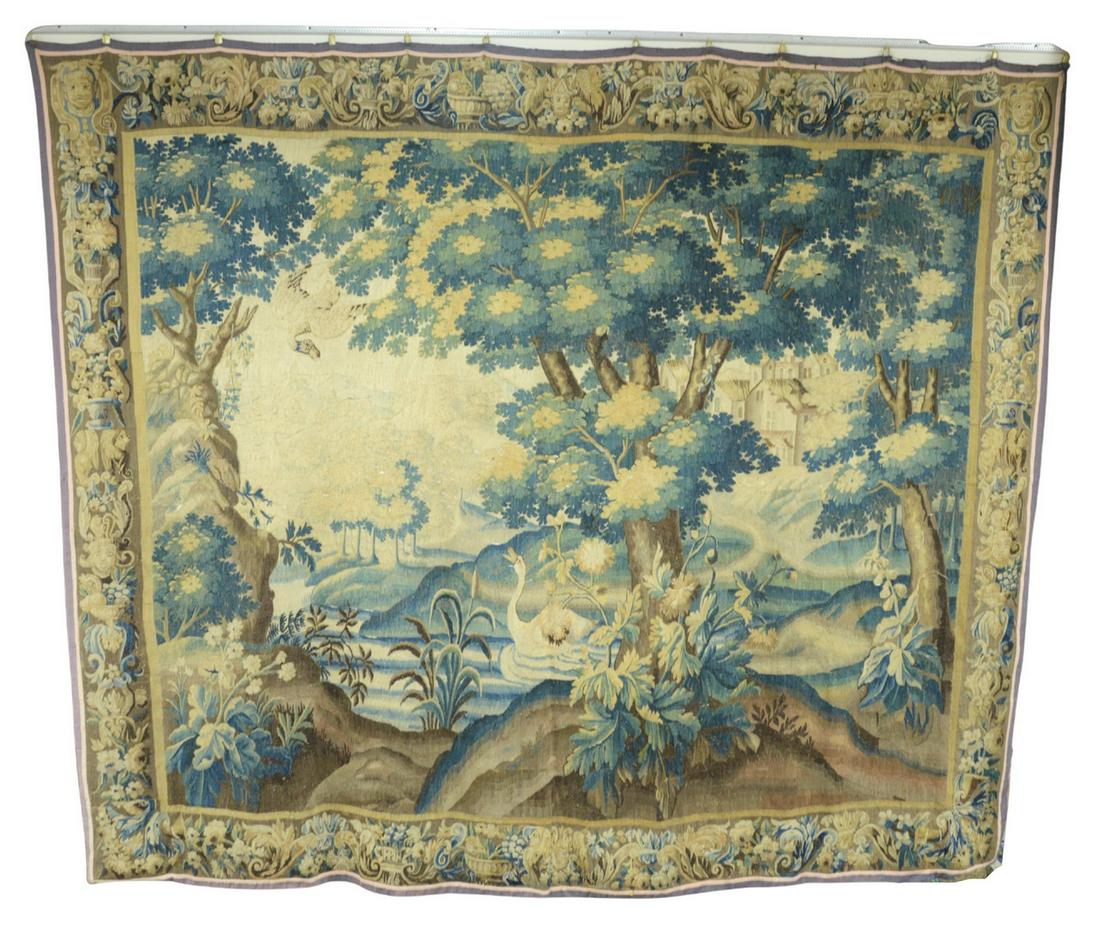 Large Aubusson Wall Tapestry depicting a Flemish estate: Large Aubusson Wall Tapestrydepicting a Flemish estate garden, with reeds and a swan18th century or later9' 8" x 11' 4"Provenance: Former home of Mel Gibson, Old Mill Rd, Greenwich, Connecticut