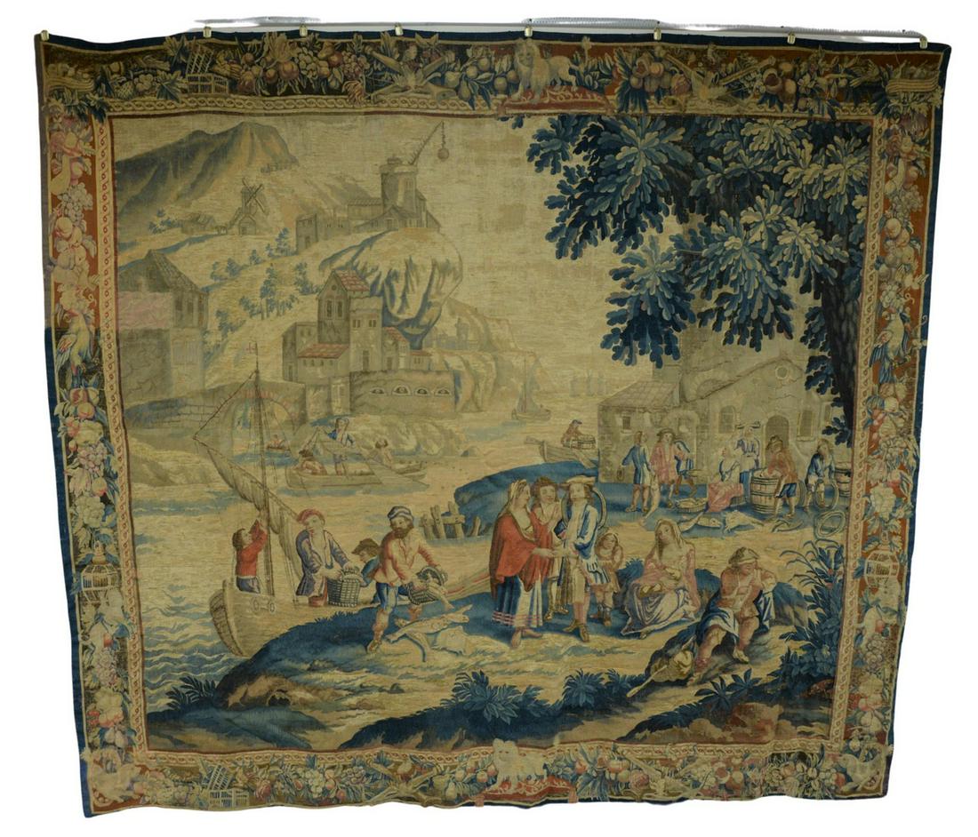 Hatton Garden Teniers Tapestry 17th Century Aubusson: Hatton Garden Teniers Tapestry 17th Century Aubusson in silk and wool with Teniers scenepossibly by Francis or Thomas Poyntz after David Teniers the youngerdepicting mountainous harbour scene with fis