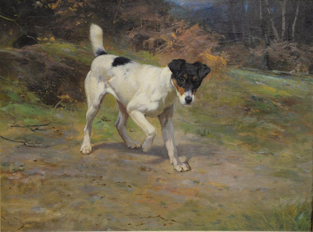 Wright Barker (1864 - 1941) Jack Russell Terrier oil on: Wright Barker (1864 - 1941)Jack Russell Terrieroil on canvas signed lower left Wright Barkerrelined19" x 23"Provenance: receipt from Time & Again Auction