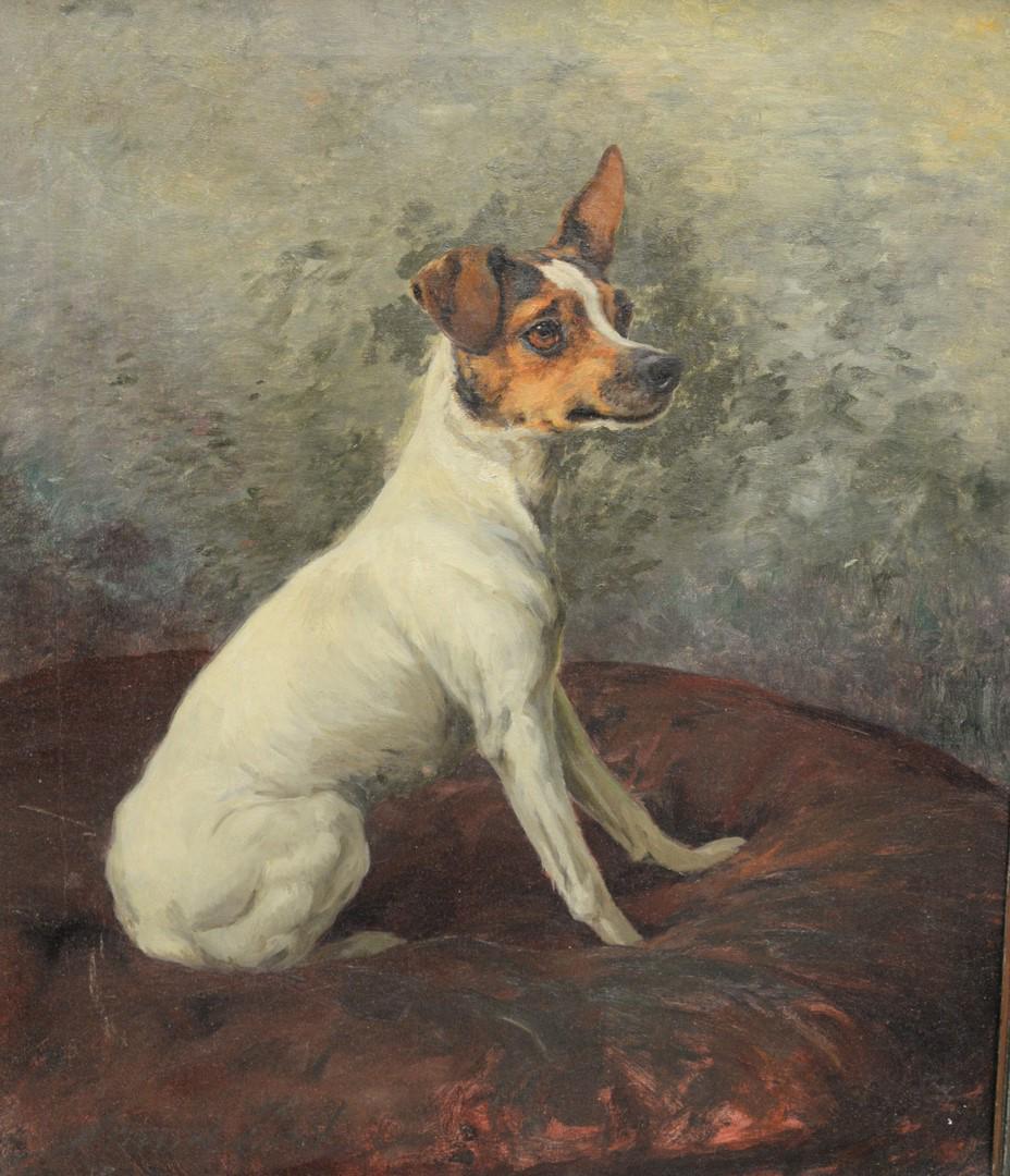 Maud Earl (1864 - 1943) portrait of a Jack Russell: Maud Earl (1864 - 1943)portrait of a Jack Russell Terrieroil on canvas signed lower left Maud EarlSkinner's tag verso21" x 25"