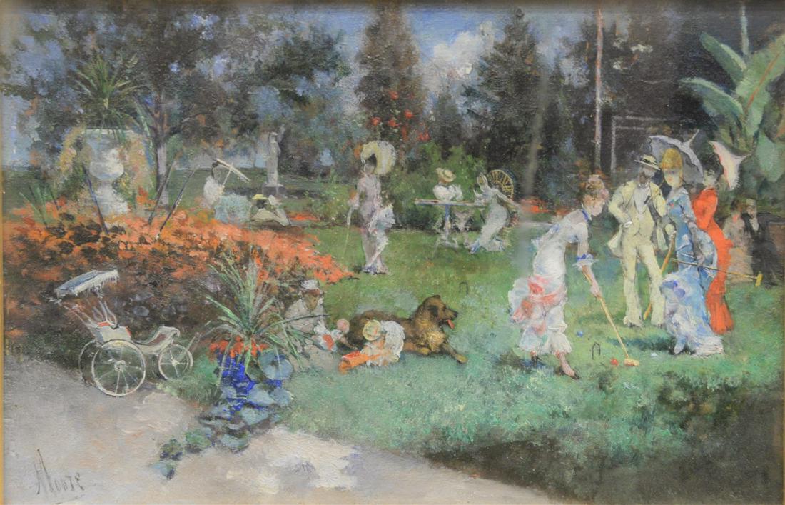 Harry Moore (American, 1844 - 1926) Croquet Match in: Harry Moore (American, 1844 - 1926)Croquet Match in the Gardenoil on panelsigned Moore lower leftin original gilt frame inside shadow box frame6" x 8"Provenance: Boyes & Blakeslee Art Galleries, Bosto