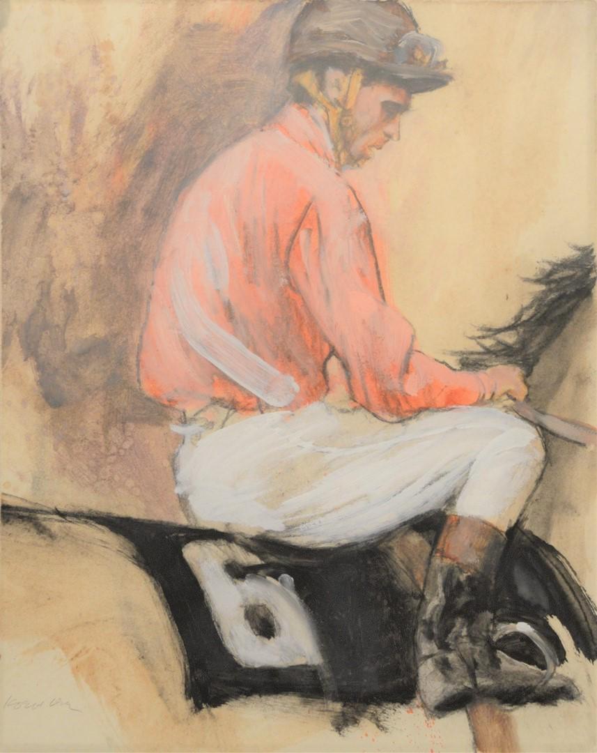 Henry Koehler (American, 1927 - 2018) "Jockey Up": Henry Koehler (American, 1927 - 2018)"Jockey Up" watercolor, gouache and ink on paper signed Koehler lower left18" x 14 1/2"Provenance: The Estate of Gloria Schiff, 630 Park Avenue, New York